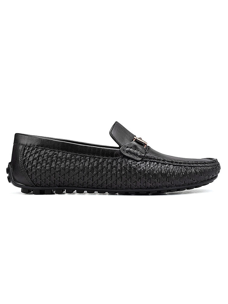 Black Textured Leather Moccasins