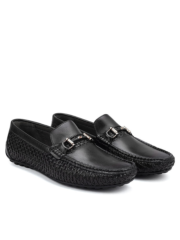 Black Textured Leather Moccasins