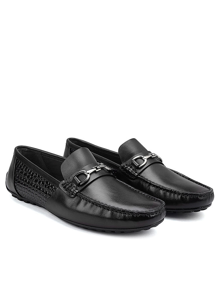 Black Leather Moccasins With Buckle