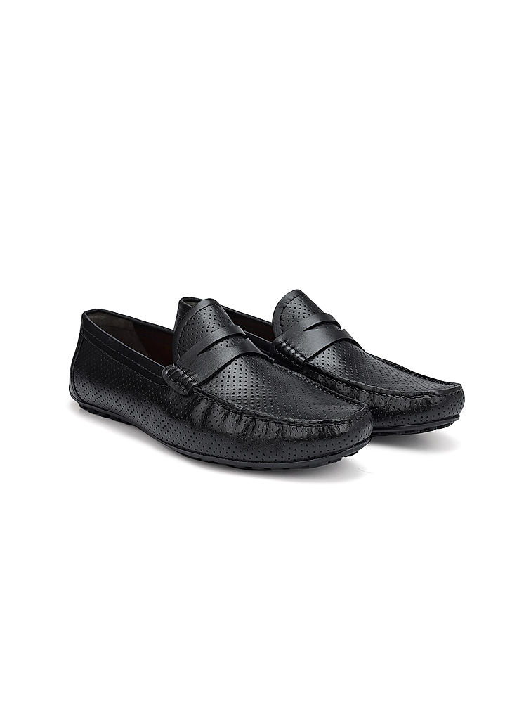 Black perforated Leather Moccasins