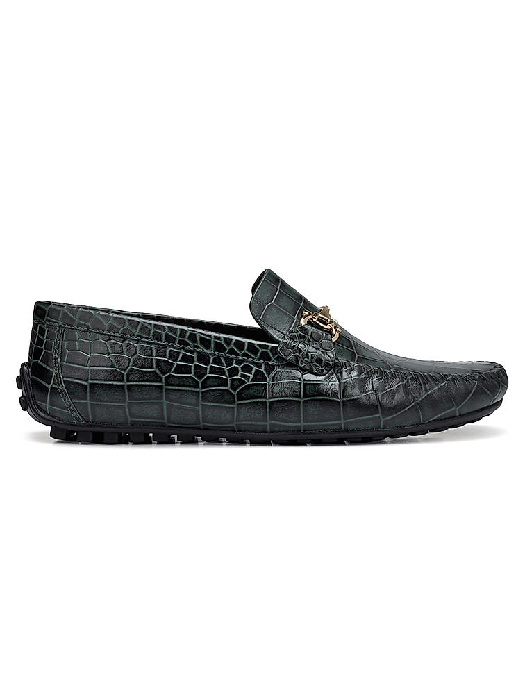 Green Croco Textured Moccasins