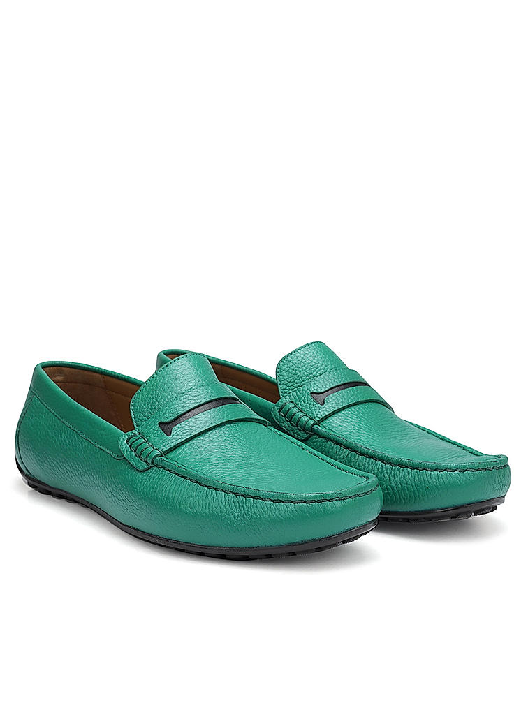 Green Textured Leather Moccasins