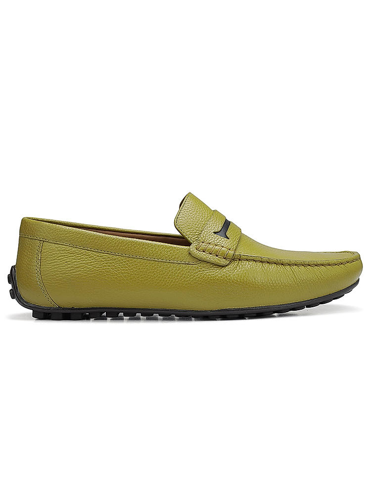 Green Textured Leather Moccasins