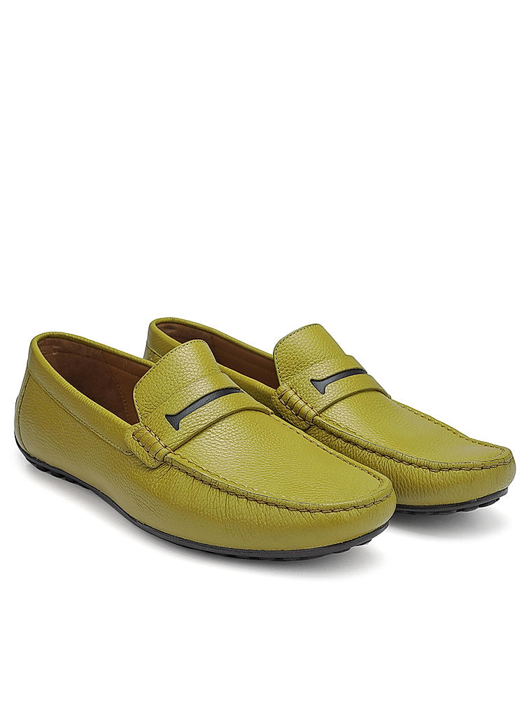 Green Textured Leather Moccasins