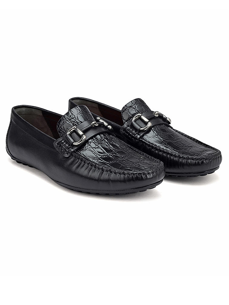 Black Croco Textured Moccasins