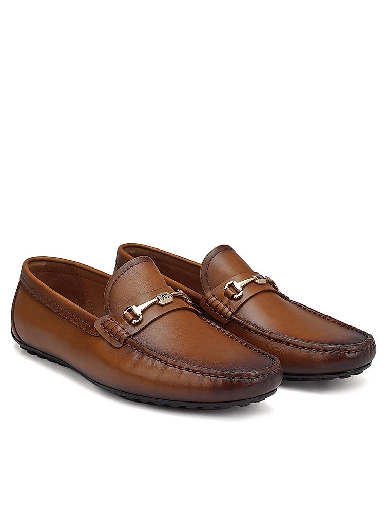 Tan Leather Moccasins With Logo Buckle