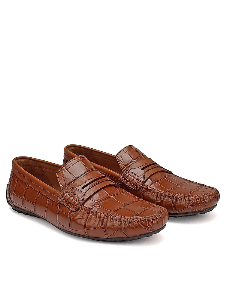 Tan Croco Textured Moccasins