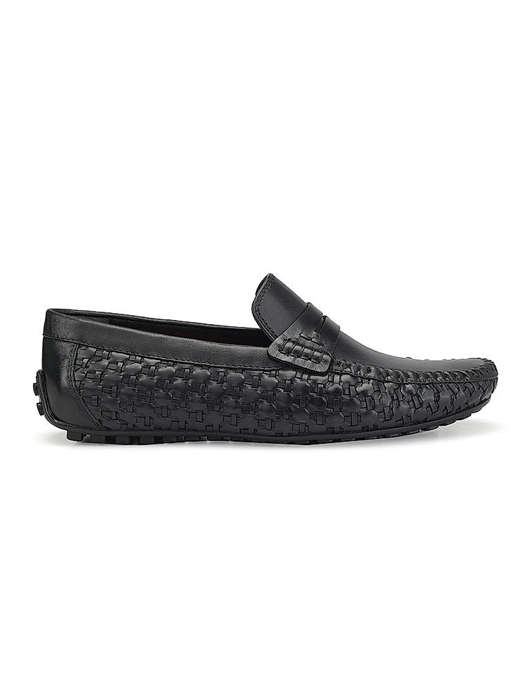 Black Textured Leather Moccasins