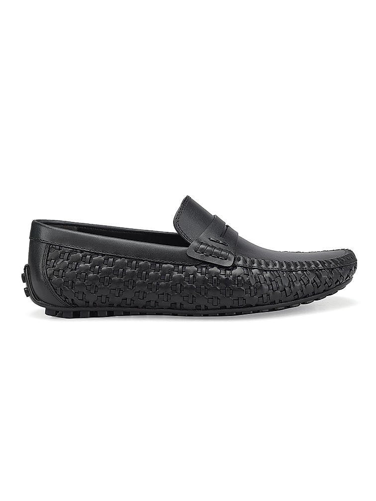 Navy Textured Leather Moccasins