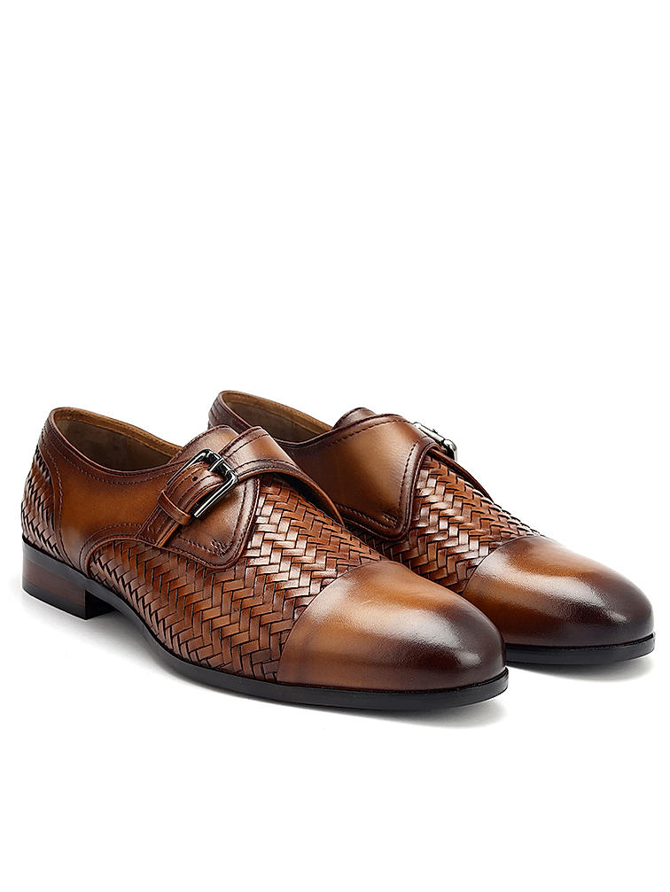 Tan Textured Leather Monk Straps