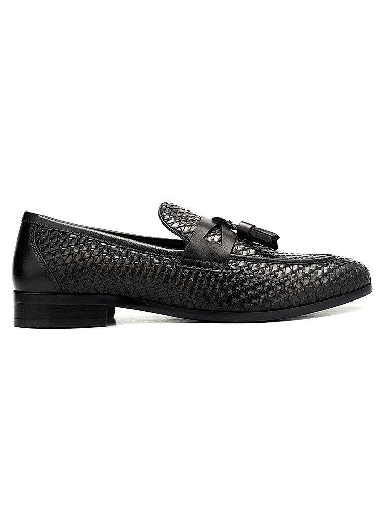 Black Textured Loafers With Tassels