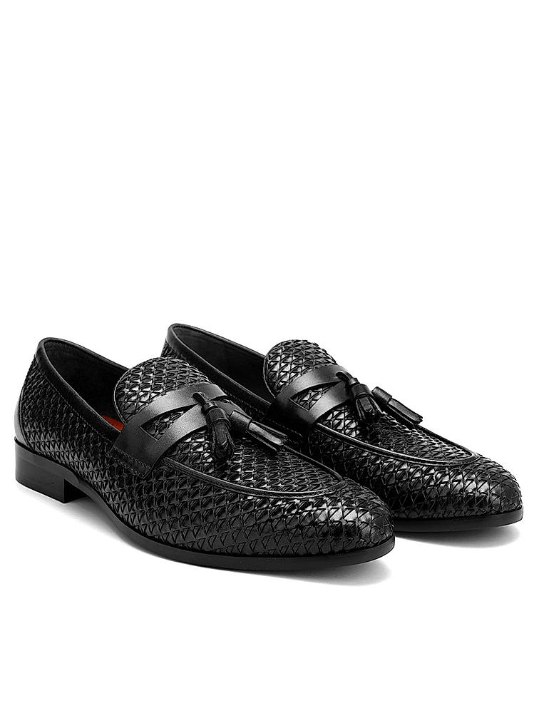 Black Textured Loafers With Tassels