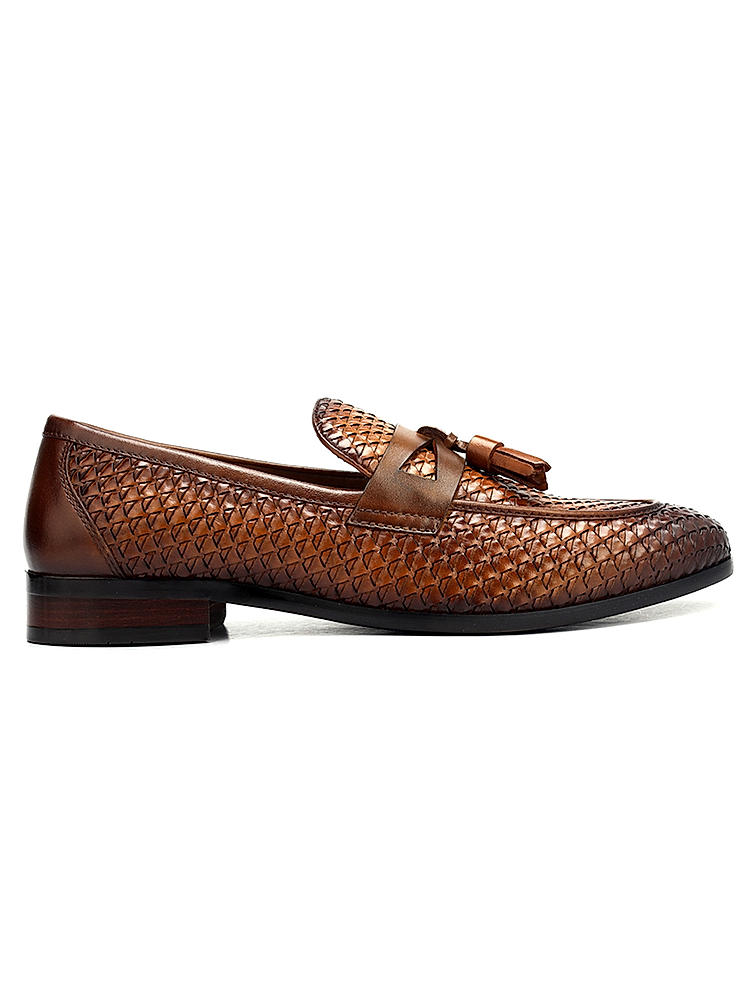 Tan Textured Loafers With Tassels