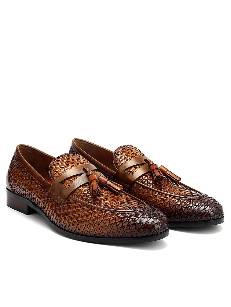 Tan Textured Loafers With Tassels