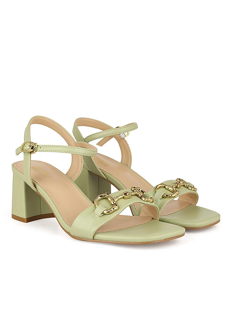 Green Block Heels With Embellishment