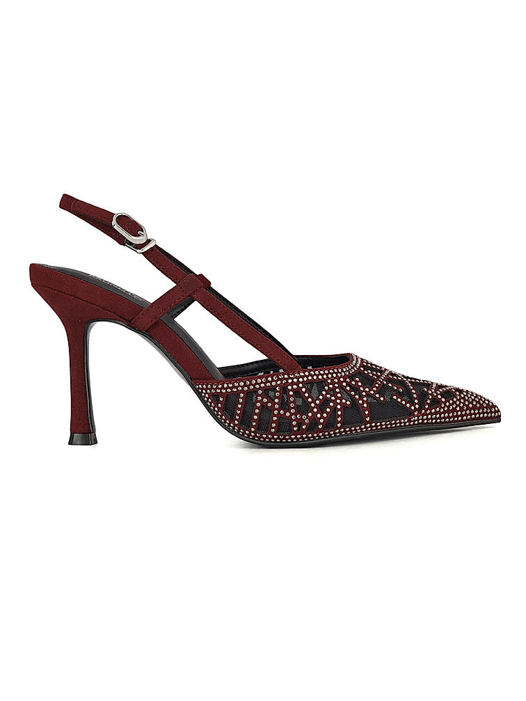 Burgundy Rhinestones Embellished Slingback Heels