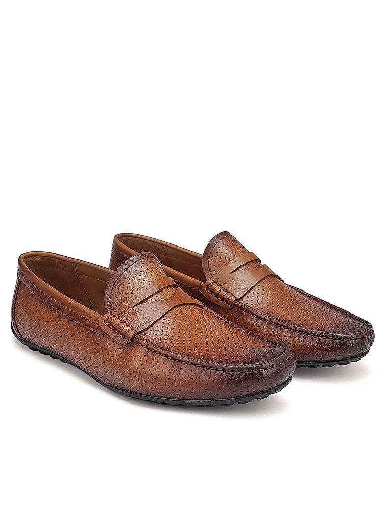 Tan Perforated Leather Moccasins