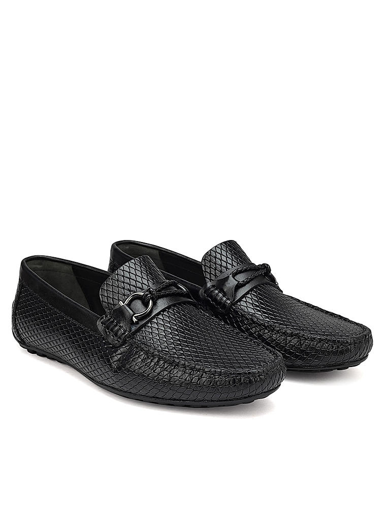 Black Textured Leather Moccasins