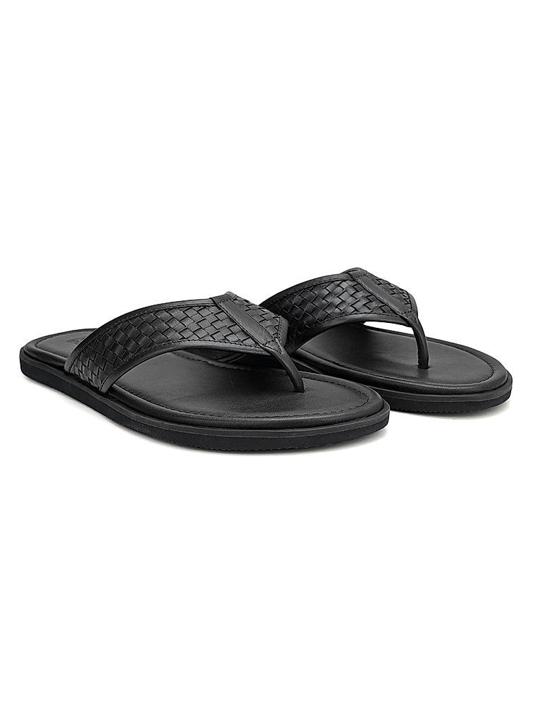 Black Thong Leather Slippers