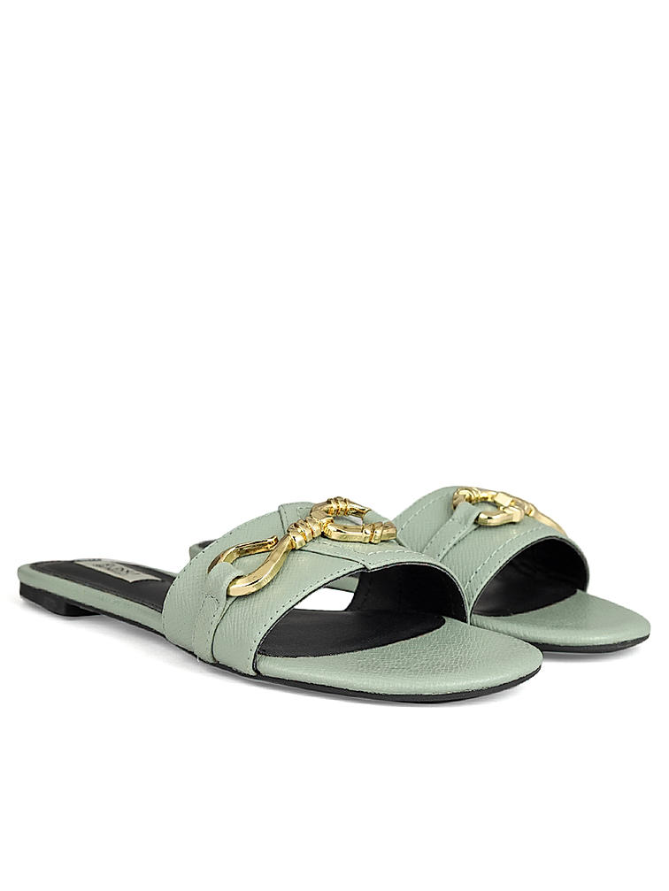 Jade Leather Flats With Buckle