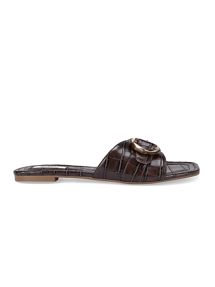 Brown Croco Textured Strap Sliders