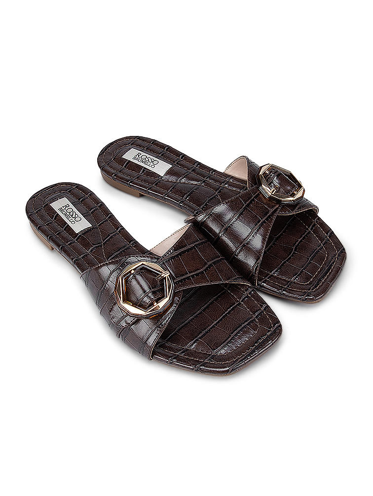 Brown Croco Textured Strap Sliders