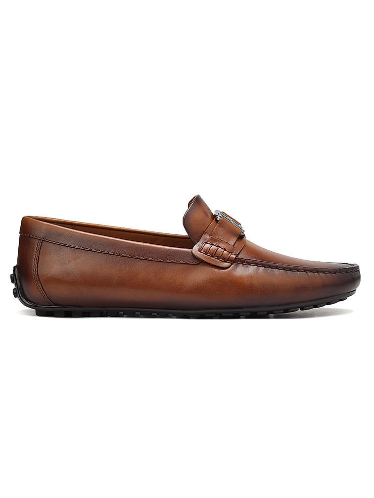 Tan Leather Moccasins With Logo