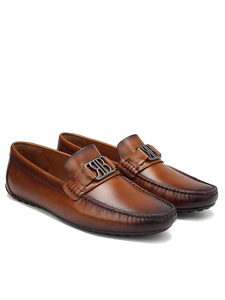 Tan Leather Moccasins With Logo