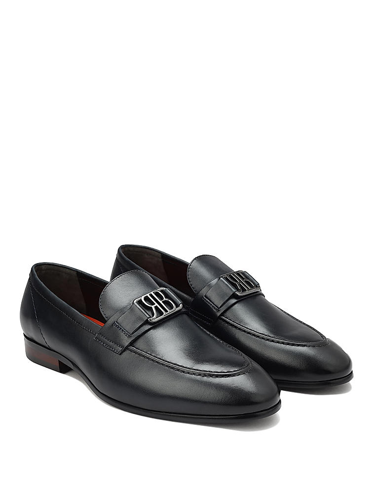 Navy Leather Loafers With Logo