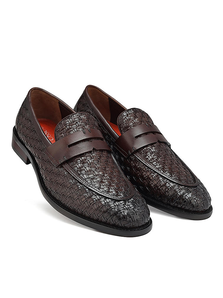 Coffee Textured Leather Loafers