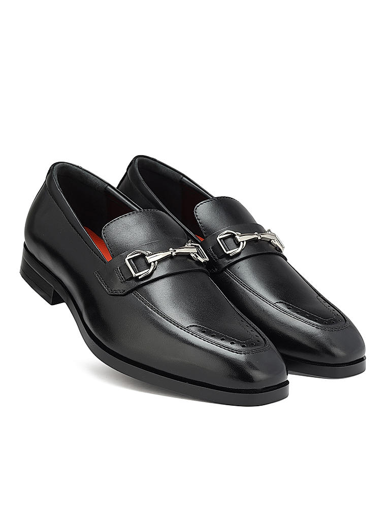 Black Leather Loafers With Metal Buckle