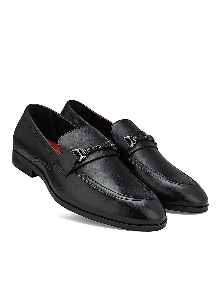 Black Plain Leather Loafers