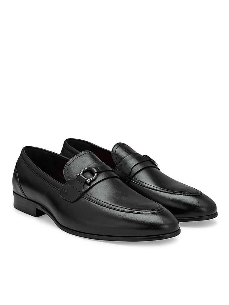 Black Embellished Leather Loafers