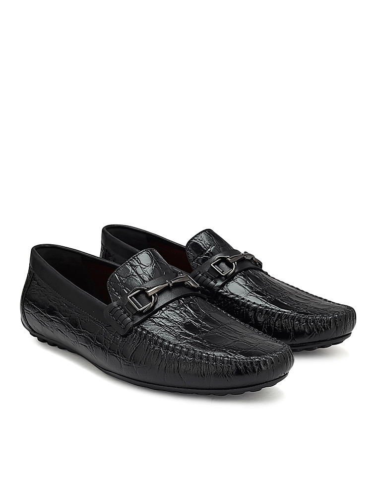 Black Croco Textured Moccasins