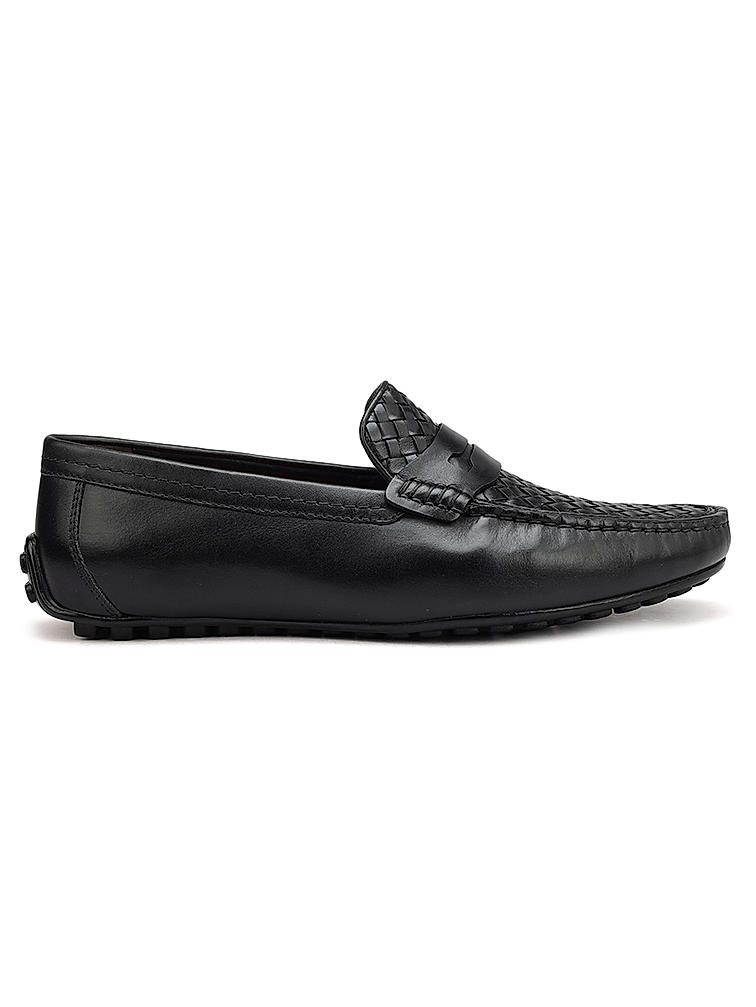 Black Woven Leather Moccasins