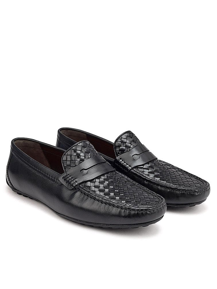 Black Woven Leather Moccasins