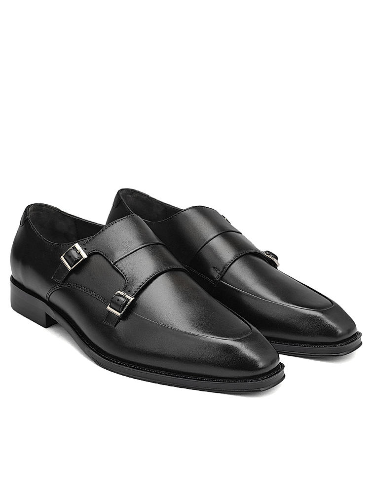 Black Plain Leather Monk Straps