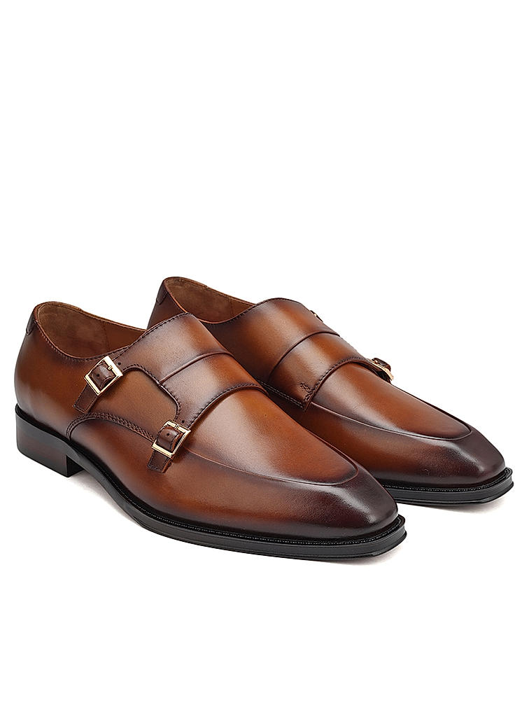 Tan Plain Leather Monk Straps