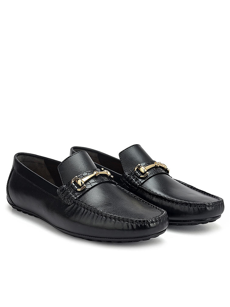 Black Leather Moccasins With Buckle