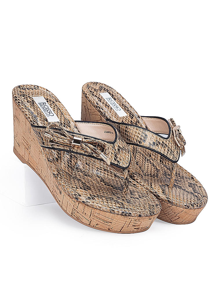 Beige Snake Textured Bow Wedges