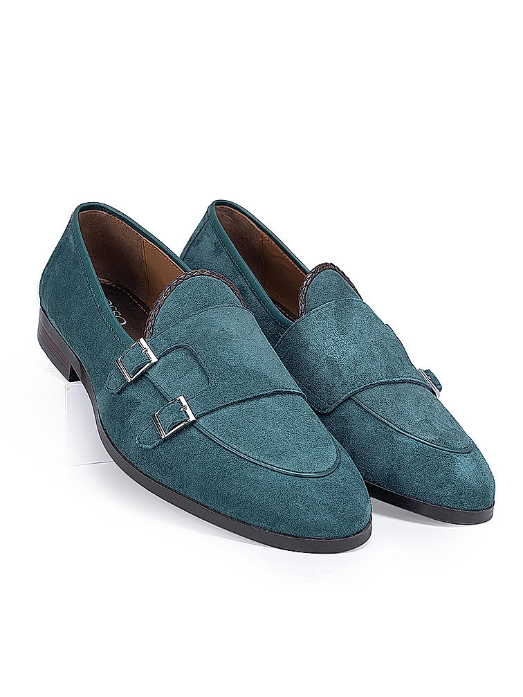 Green Suede Leather Monk Strap Shoes