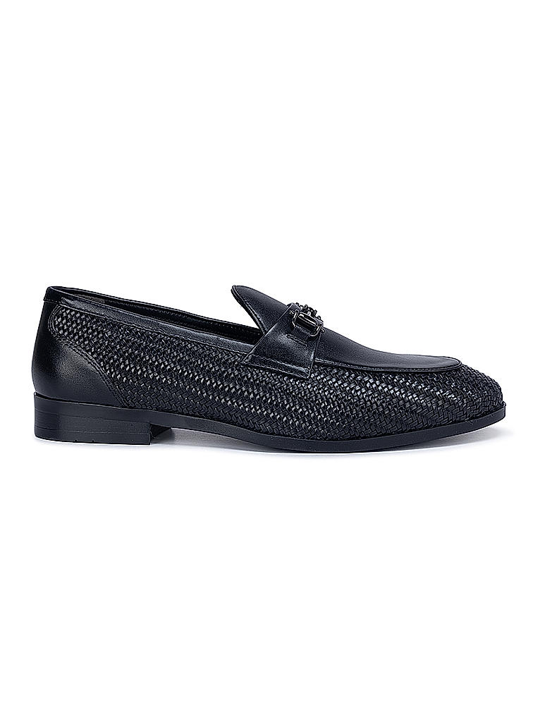 Black Textured Loafers With Buckle