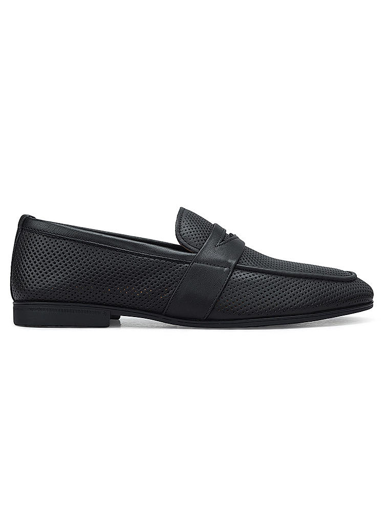 Black Perforated Leather Loafers