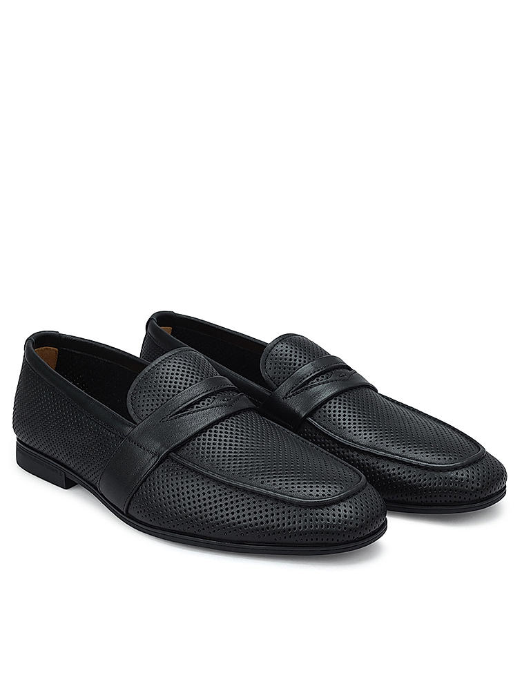 Black Perforated Leather Loafers