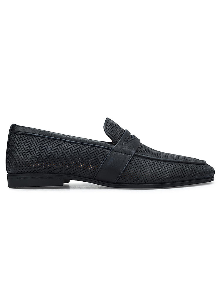 Blue Perforated Leather Loafers