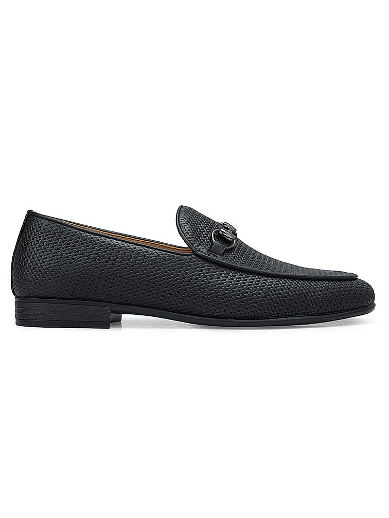 Black Textured Loafers With Buckle