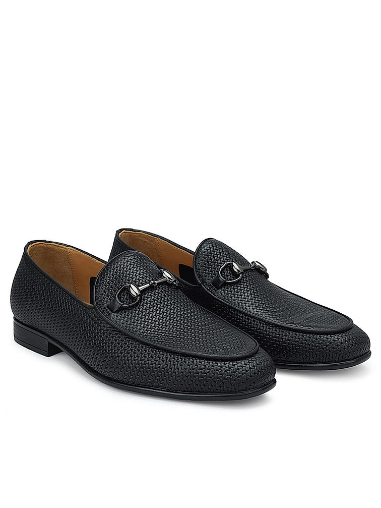 Black Textured Loafers With Buckle