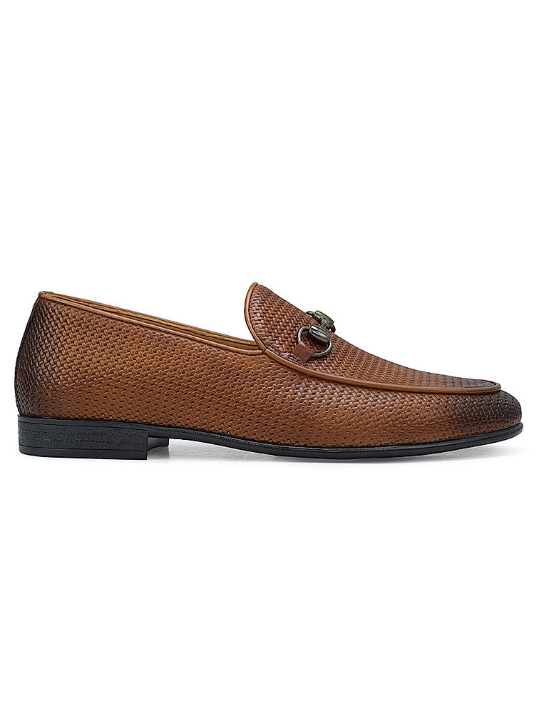 Tan Textured Loafers With Buckle