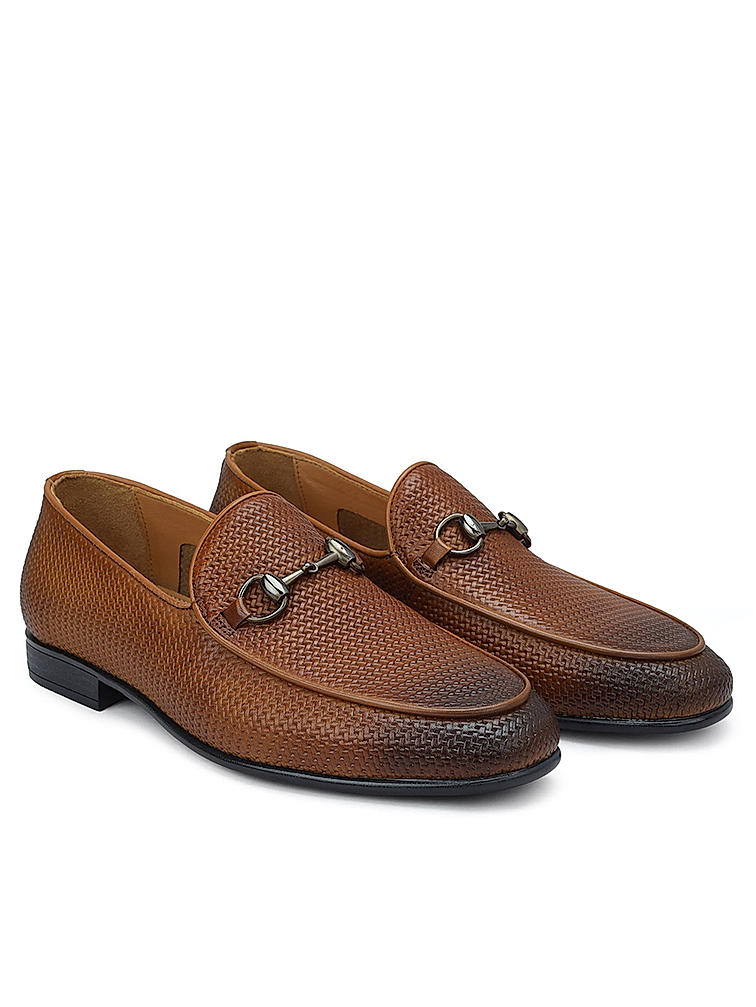 Tan Textured Loafers With Buckle