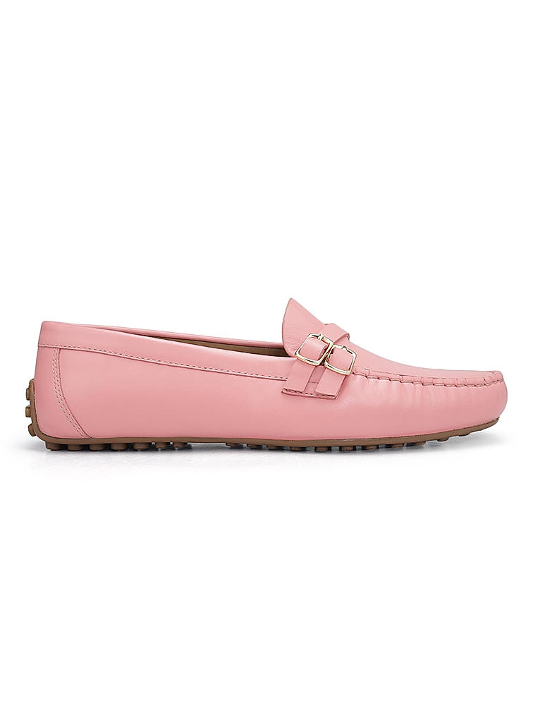 Pink Plain Leather Moccasins